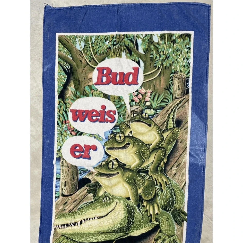 Vintage 1998 Budweiser Frogs Beach Pool Towel Beer Retro 100% Cotton Rare